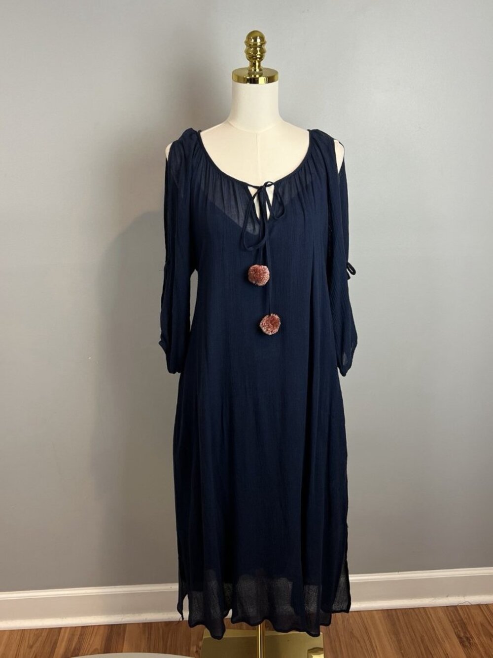 Johnny Was Calme Navy Blue Dress Womens Size XS Slit Sleeves Oversized